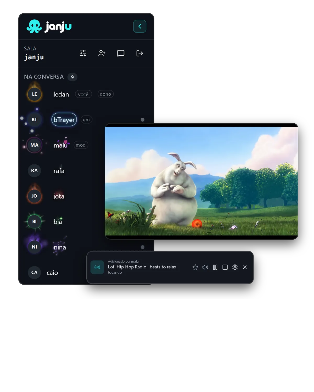 Janju room with nine people in the conversation, two YouTube videos and a radio on the board