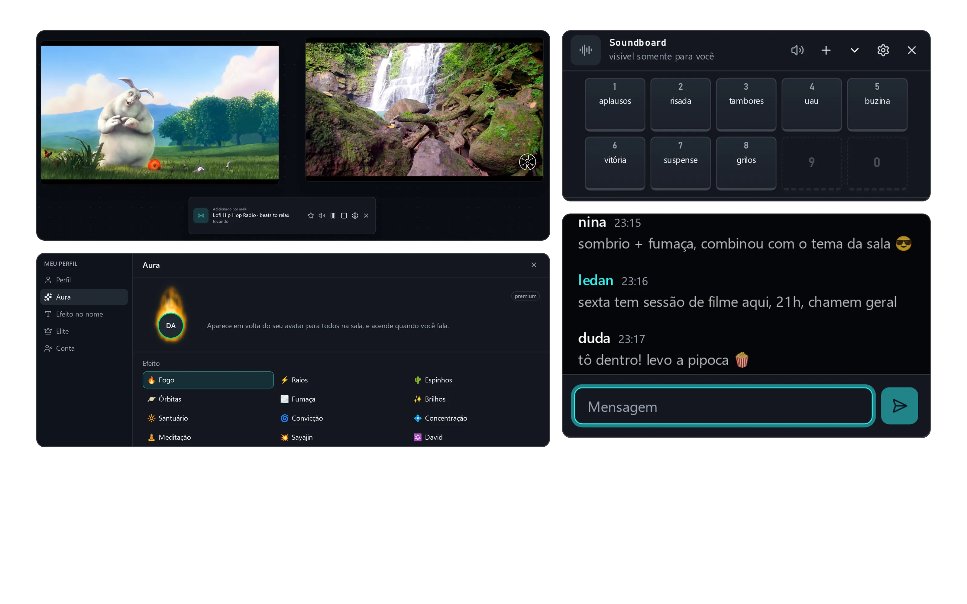 Collage with the videos on the board, the soundboard, the chat and the aura picker